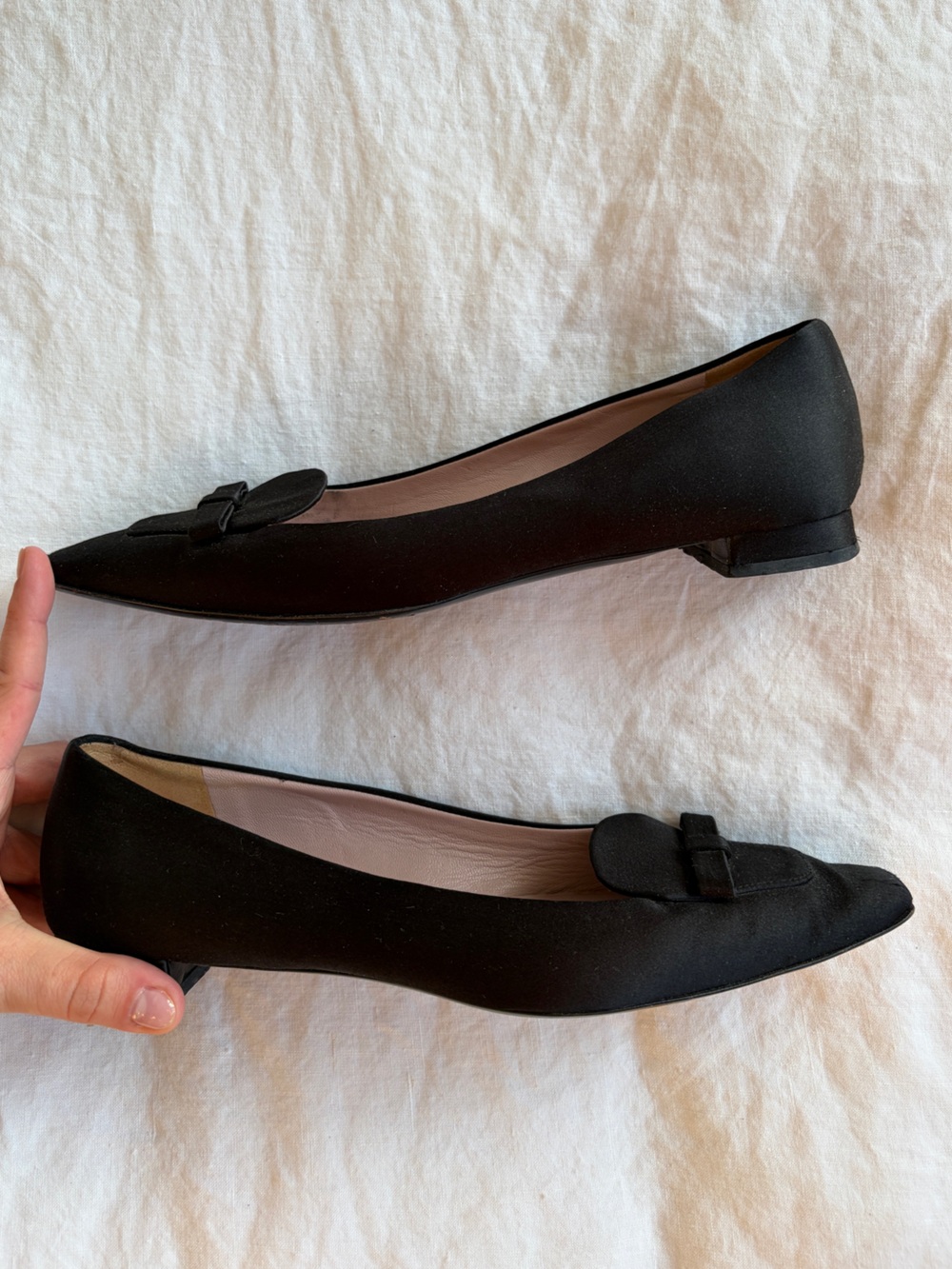Vintage Prada Bow Satin Silk Loafer Pointy Toe Ballet Flats Black 90s Y2K - Picture 5 of 9